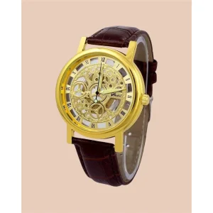 Unique Gold Dial Leather Analog Watch For Men