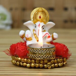 Ecraftindia Lord Ganesha Idol On Decorative Plate With Tea Light Holder