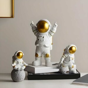 Astronaut Spaceman Statue Ornament Home Office Desktop Figurine Decors Set Of 3 Golden