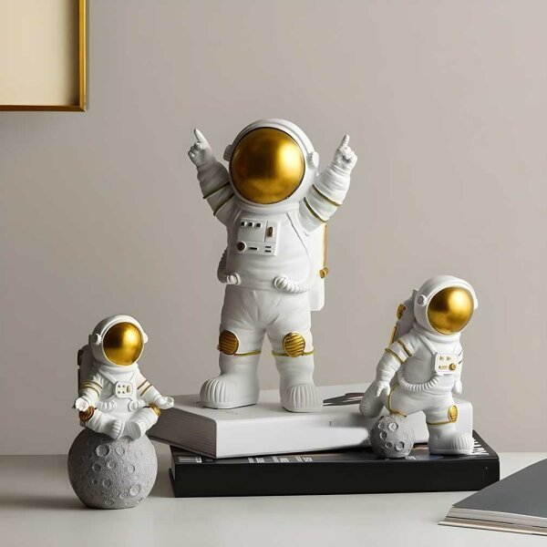 Astronaut Spaceman Statue Ornament Home Office Desktop Figurine Decors Set Of 3 Golden