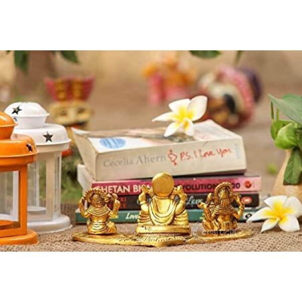 Design Gold Plated Lakshmi Ganesh Saraswati Idol With Deepak Showpiece - Image 3