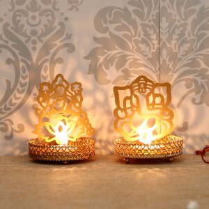 CraftIndia Lord Ganesha and Laxmi Shadow Tea Light Holder