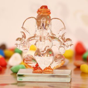 CraftIndia Orange and Transparent Double Sided Crystal Car Ganesha Showpiece