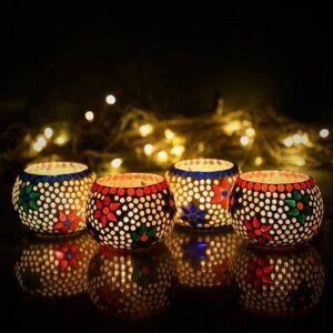 CraftIndia Set of 4 Mosaic Glass Decorative Tea Light Holder
