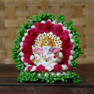 CraftIndia Lord Ganesha Idol on Decorative Handcrafted Green Floral Plate for Home and Car