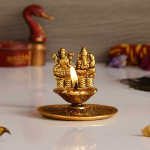 CraftIndia Goddess Laxmi & Lord Ganesha Golden Metal Diya