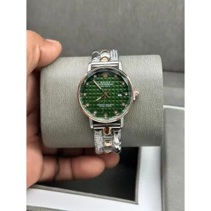 Rolex Watch Curved Dial Date Only Diamond Rosegold Two Tone Green For Women (SUP1876)