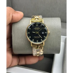 Rolex Watch Curved Dial Date Only Diamond Gold Black For Women (SUP1878)